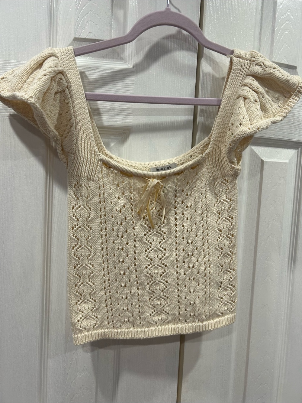 Haute Hippie Cream Lace-Up Knit Puff Sleeve Crop Top